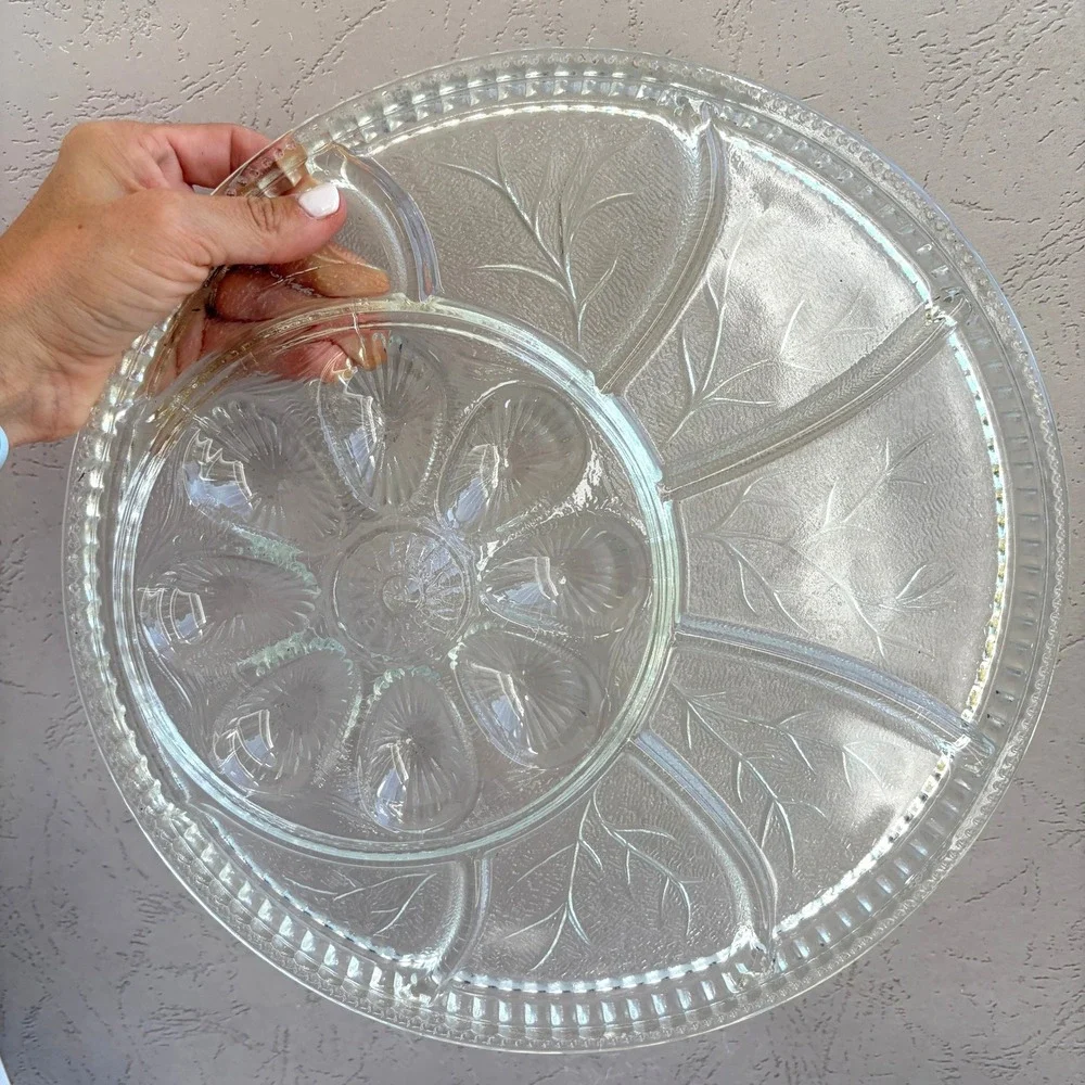 Vintage Clear Glass Divided Deviled Egg Serving Platter Wheat Pattern 12.5in